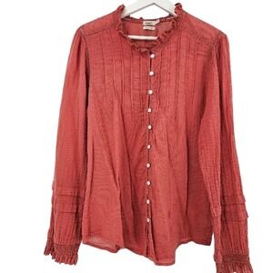 Faherty Coral Peasant Blouse Red Ruffle Pintuck Collared Smocked Button Front L